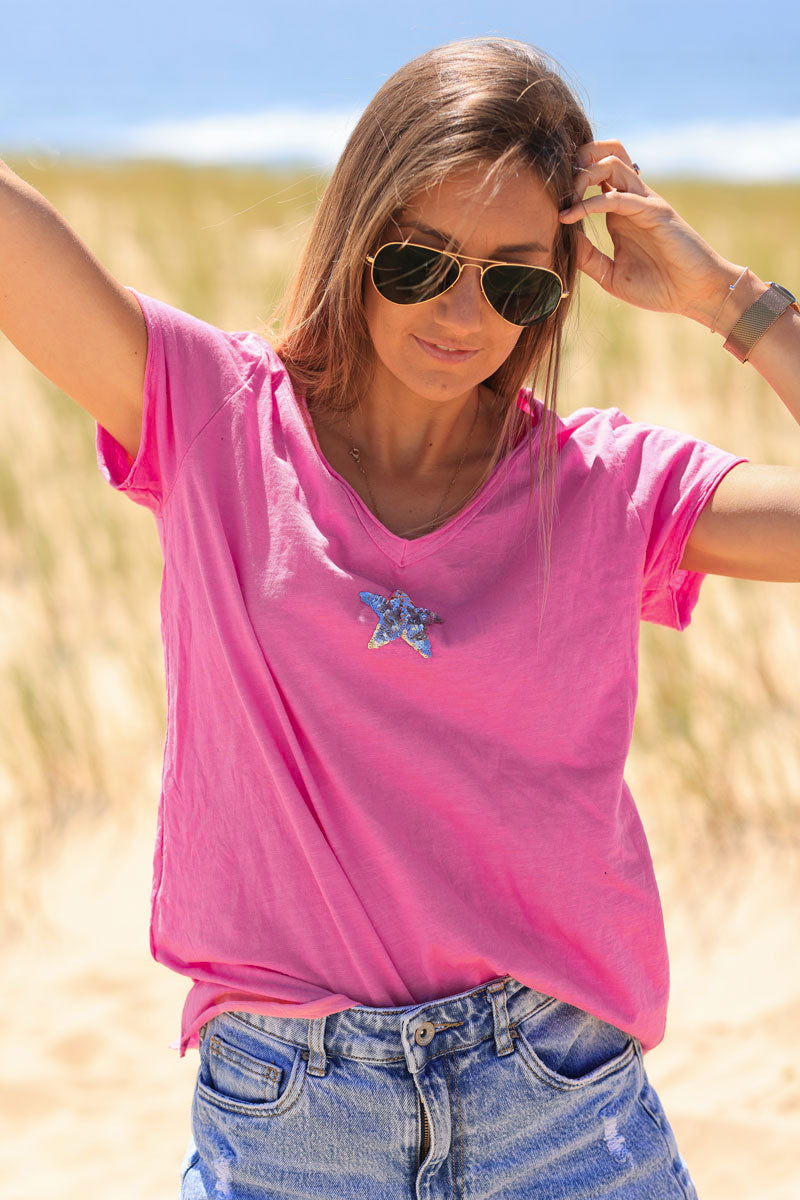 Fuchsia cotton T-shirt with sequin star