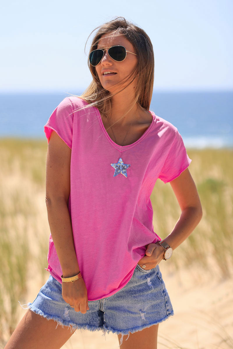 Fuchsia cotton T-shirt with sequin star