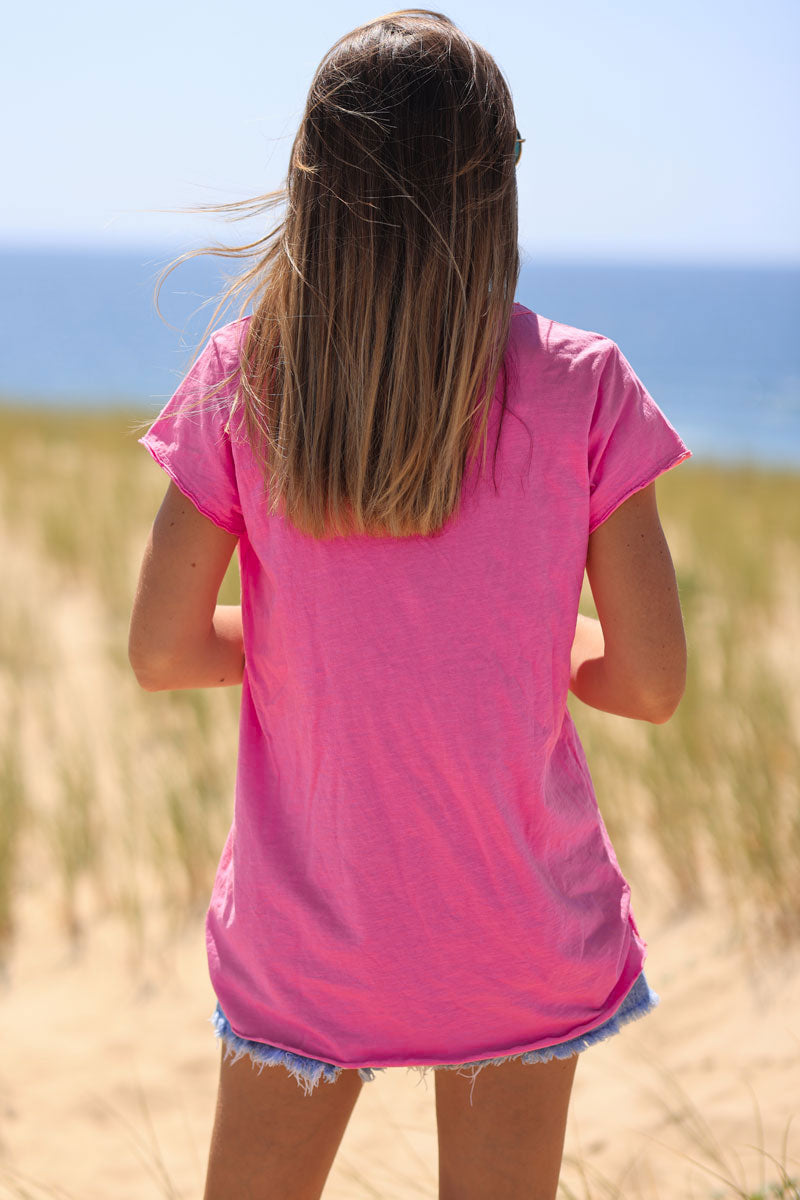 Fuchsia cotton T-shirt with sequin star