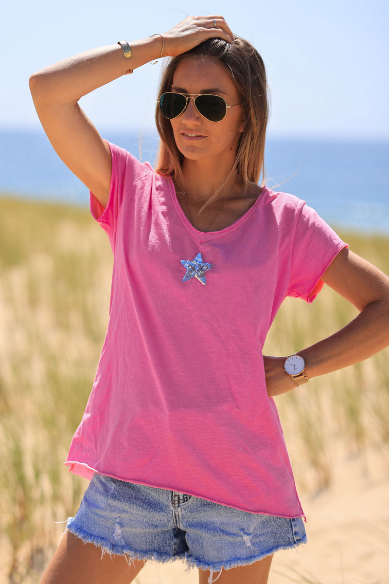 Fuchsia cotton T-shirt with sequin star