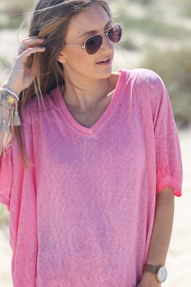 T-shirt fuchsia souple large et loose manches courtes chauve souris