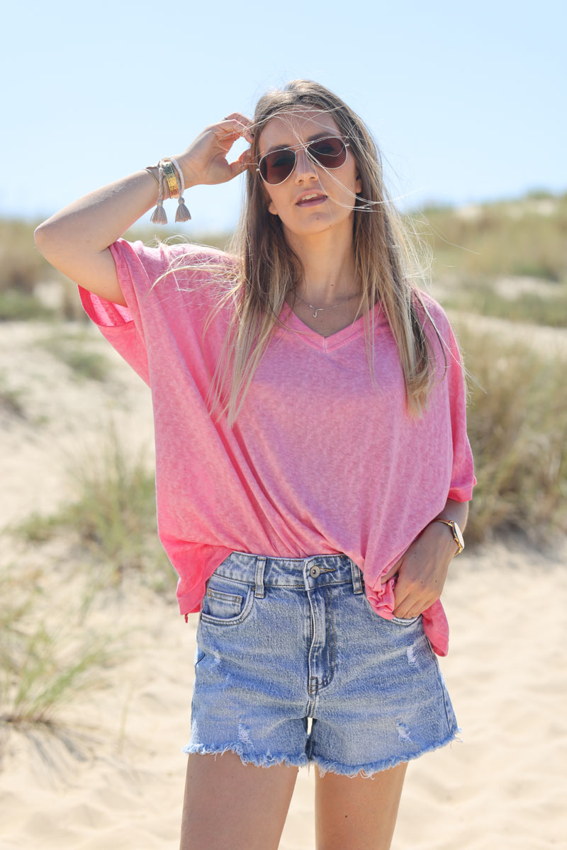 T-shirt fuchsia souple large et loose manches courtes chauve souris