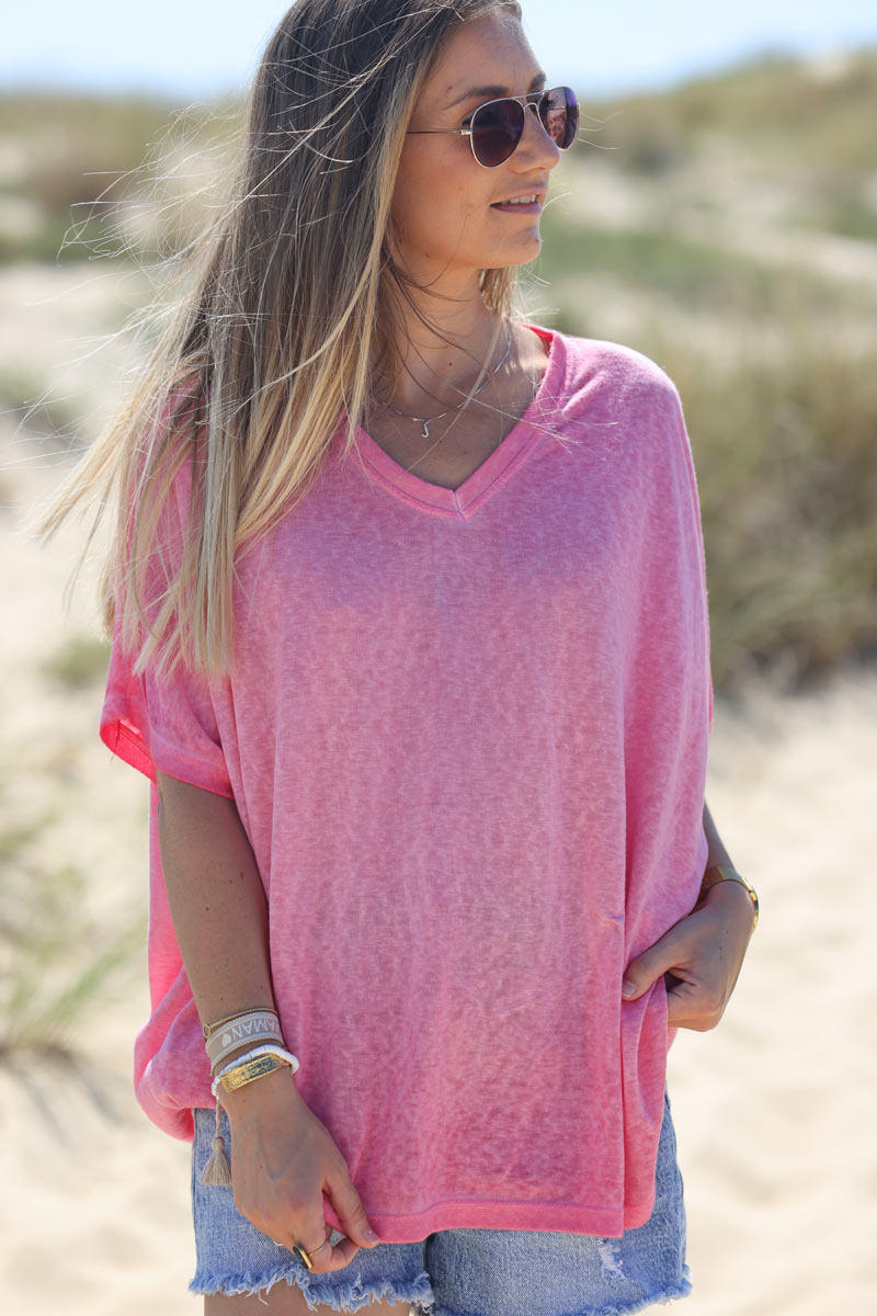 T-shirt fuchsia souple large et loose manches courtes chauve souris