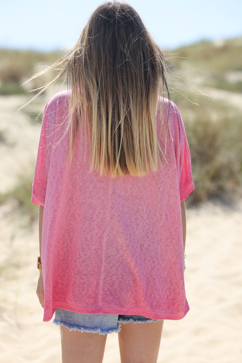 T-shirt fuchsia souple large et loose manches courtes chauve souris