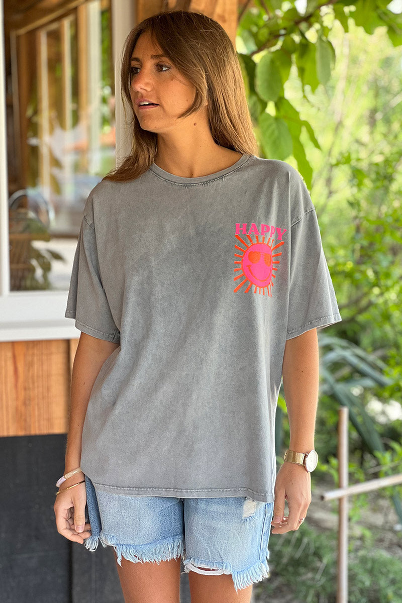 Washed gray Happy Sun Screen Print Tee