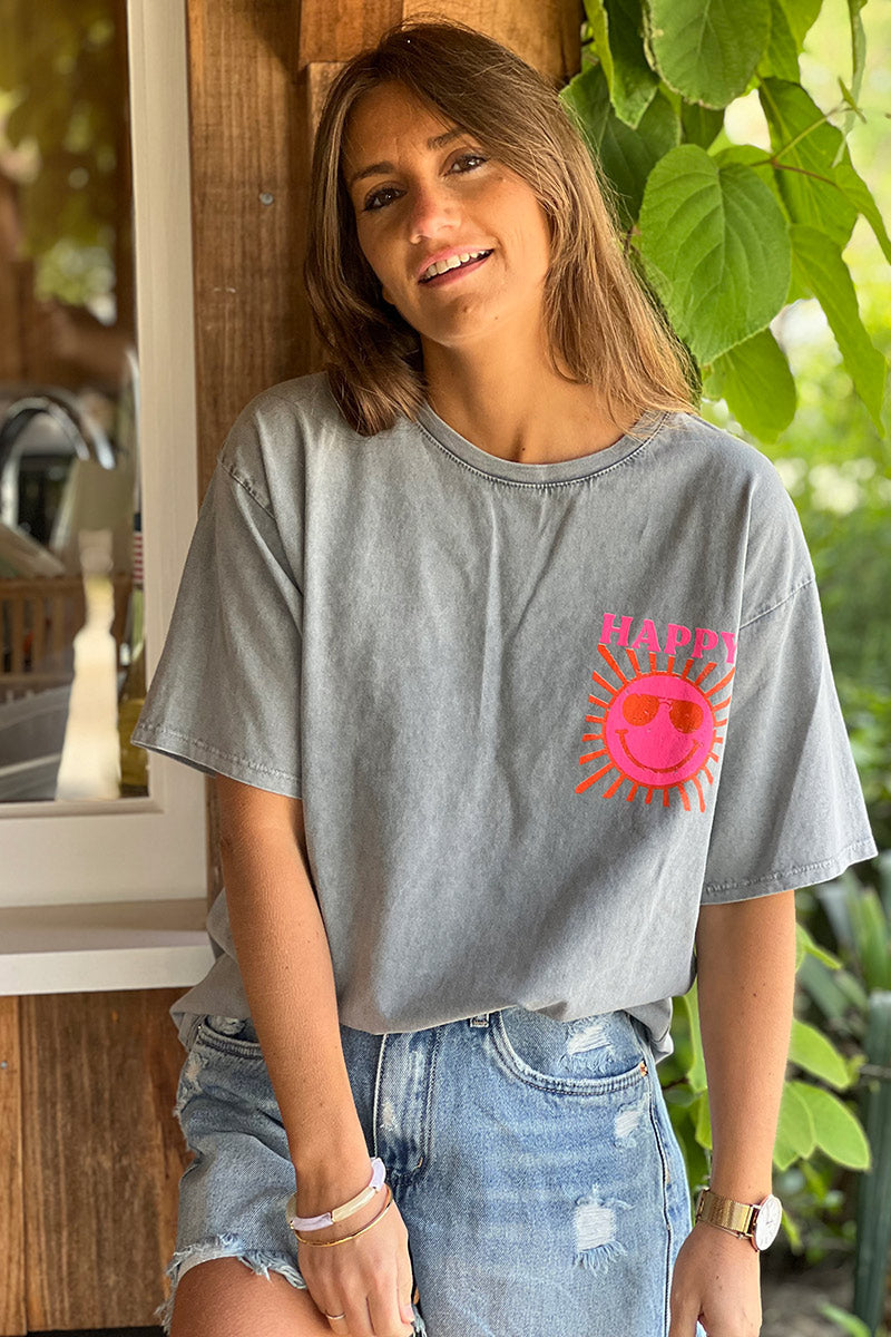 Washed gray Happy Sun Screen Print Tee