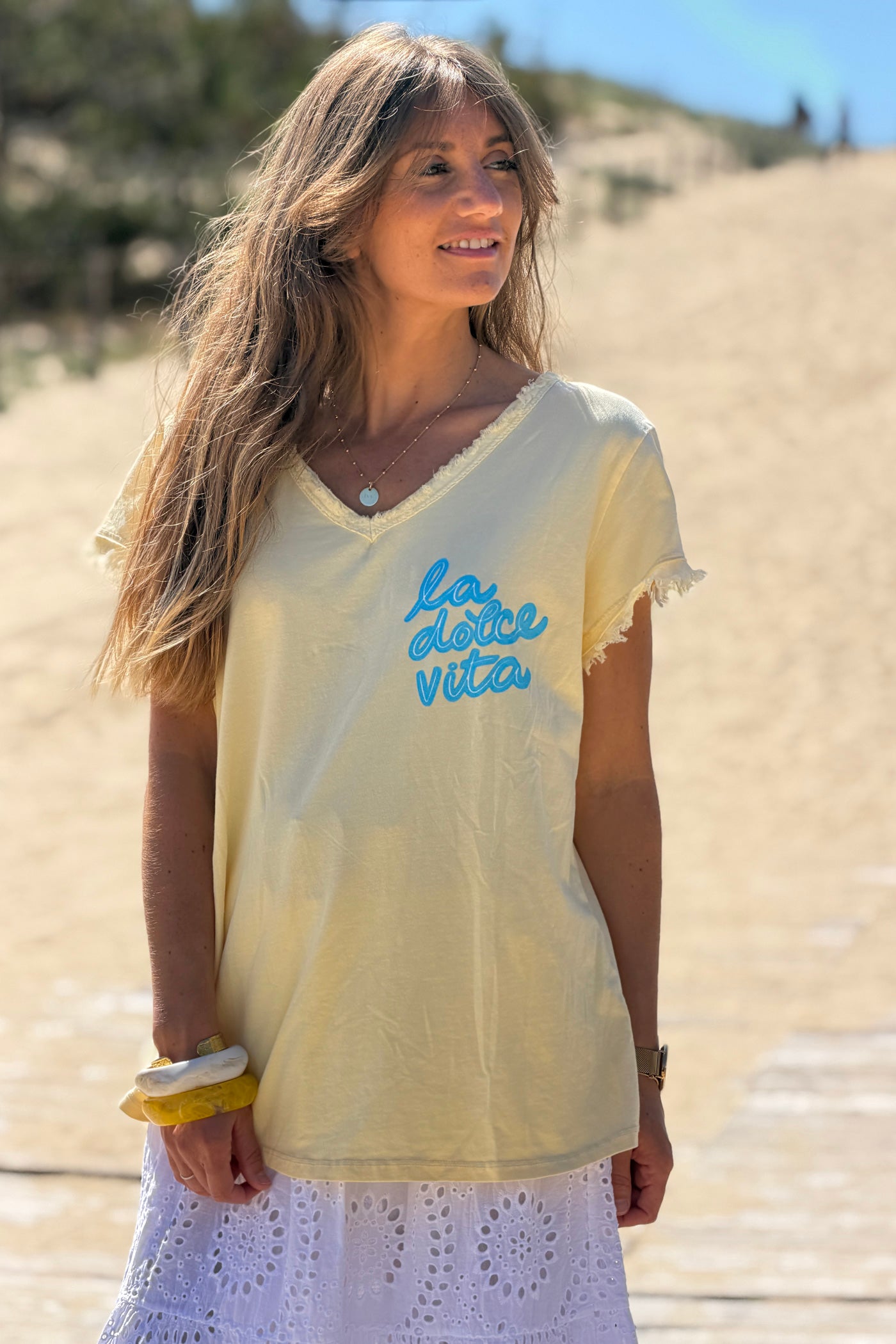 Tshirt jaune Dolce Vita finitions franges