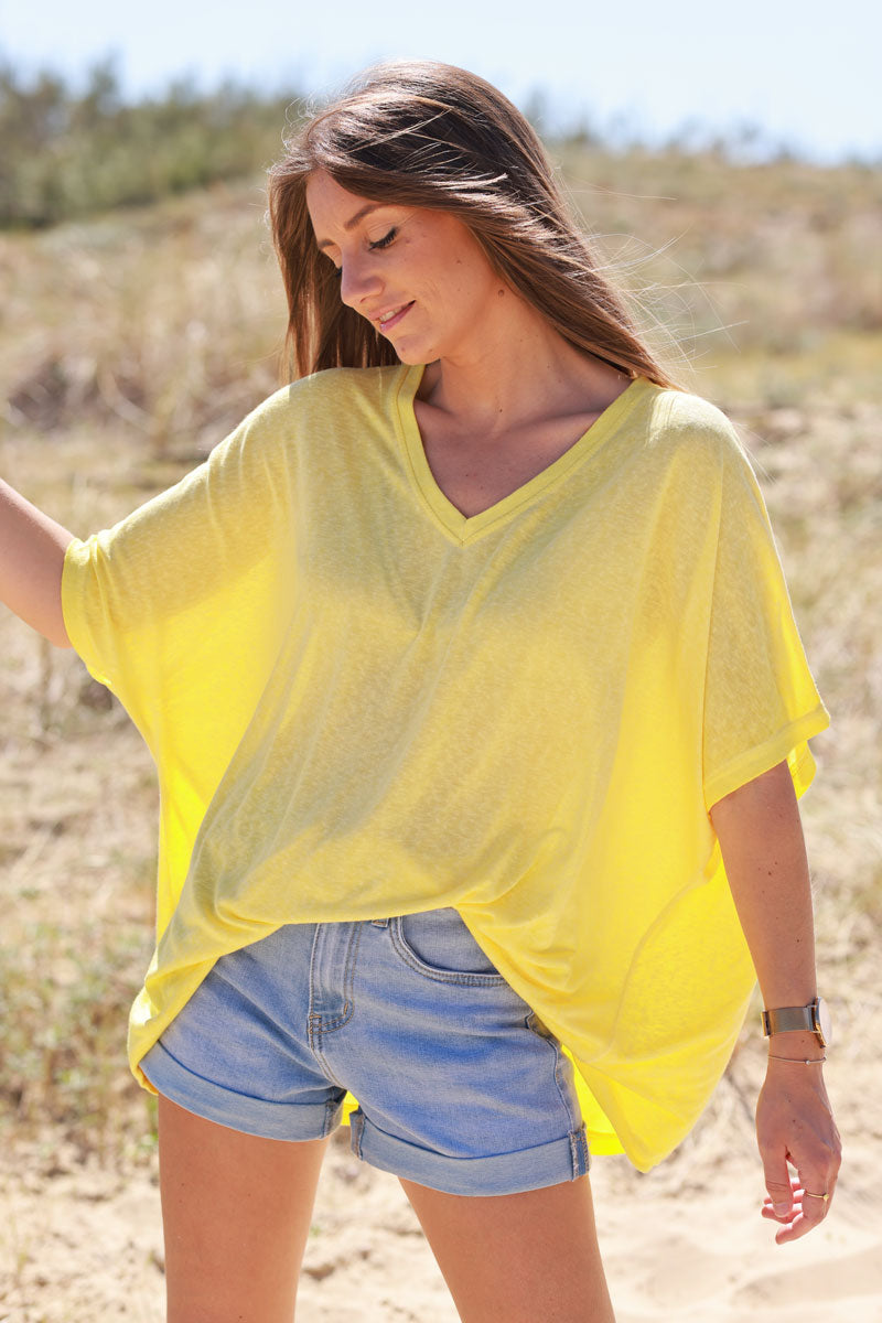 T-shirt jaune délavé souple large et loose manches courtes chauve souris