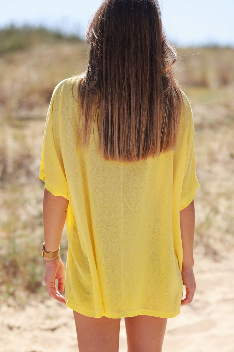 T-shirt jaune délavé souple large et loose manches courtes chauve souris