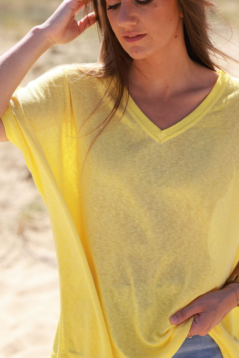 T-shirt jaune délavé souple large et loose manches courtes chauve souris