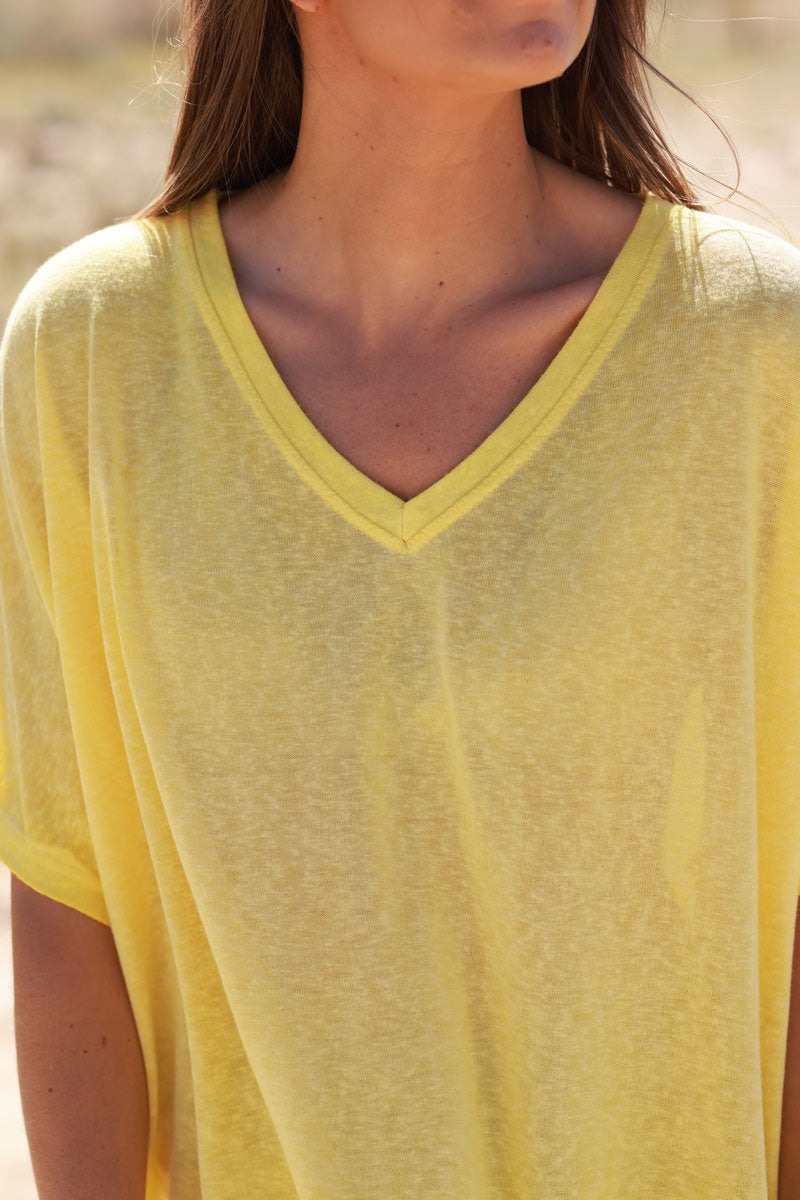T-shirt jaune délavé souple large et loose manches courtes chauve souris