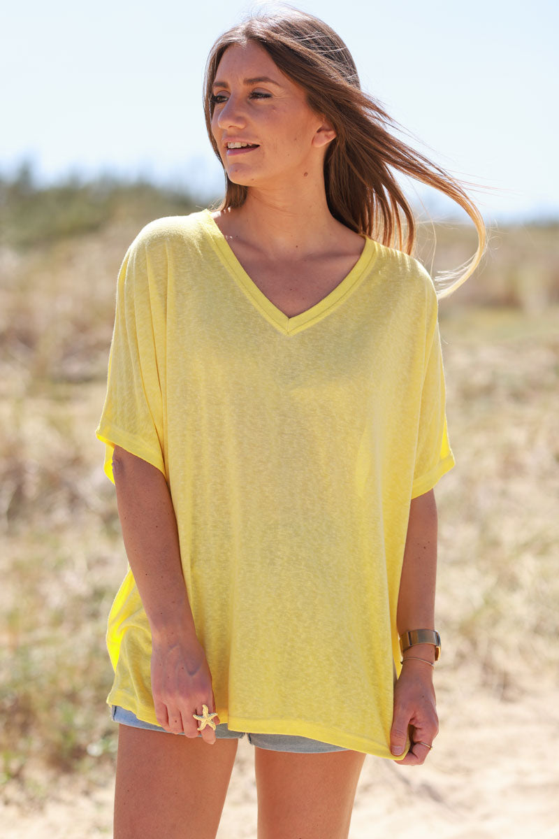 T-shirt jaune délavé souple large et loose manches courtes chauve souris