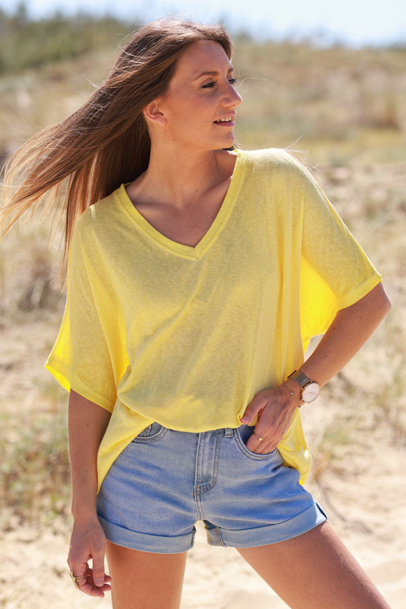 T-shirt jaune délavé souple large et loose manches courtes chauve souris