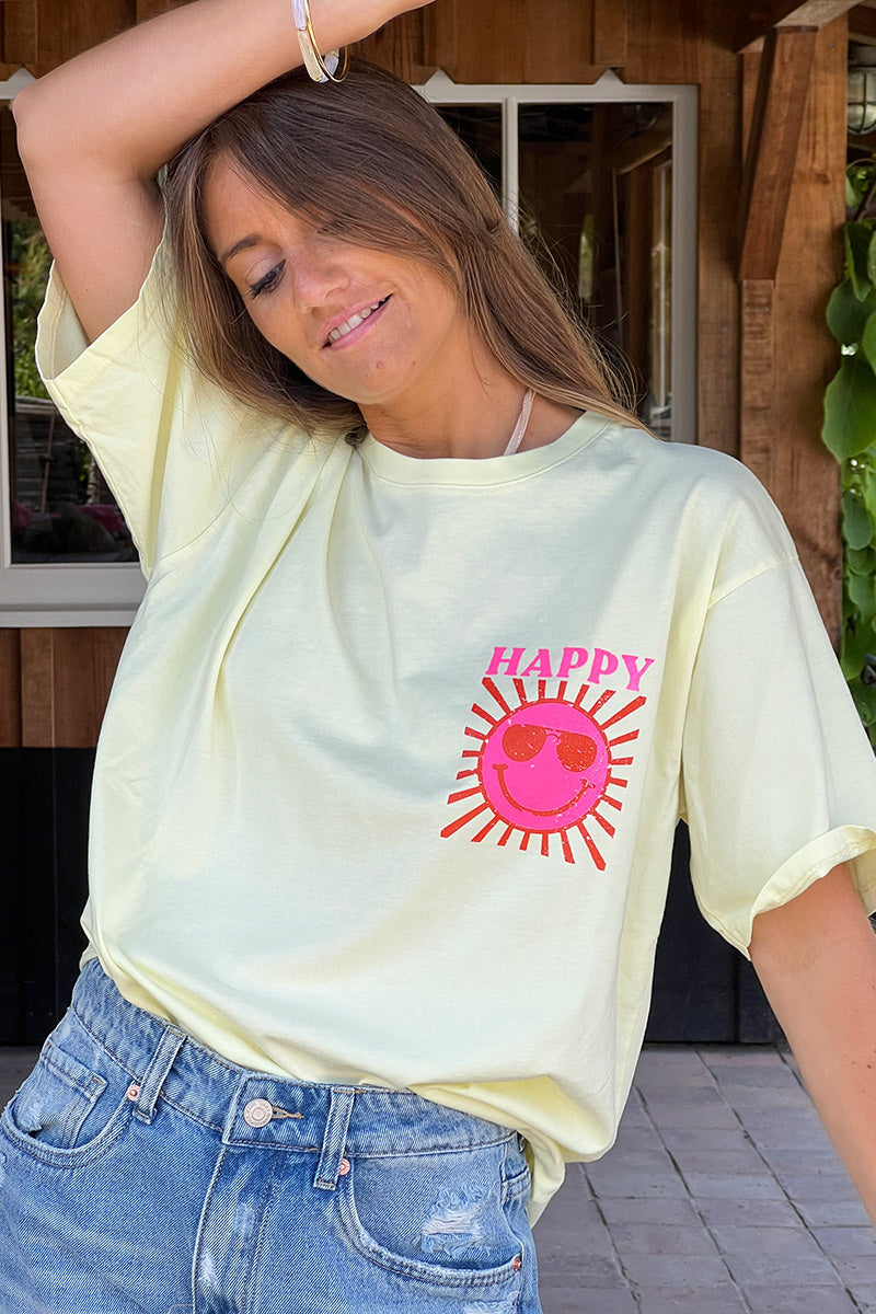 T-shirt jaune pâle en coton imprimé Smiley Soleil Happy au dos