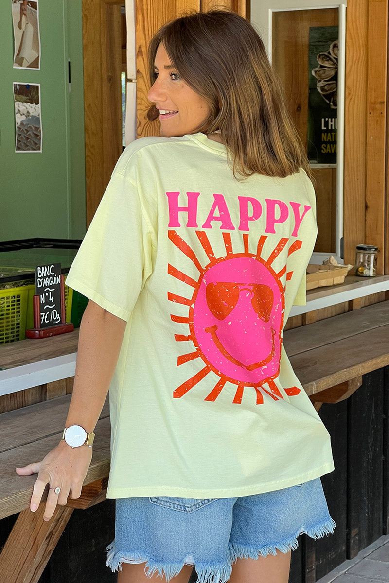 T-shirt jaune pâle en coton imprimé Smiley Soleil Happy au dos