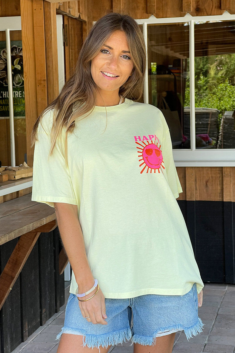 T-shirt jaune pâle en coton imprimé Smiley Soleil Happy au dos