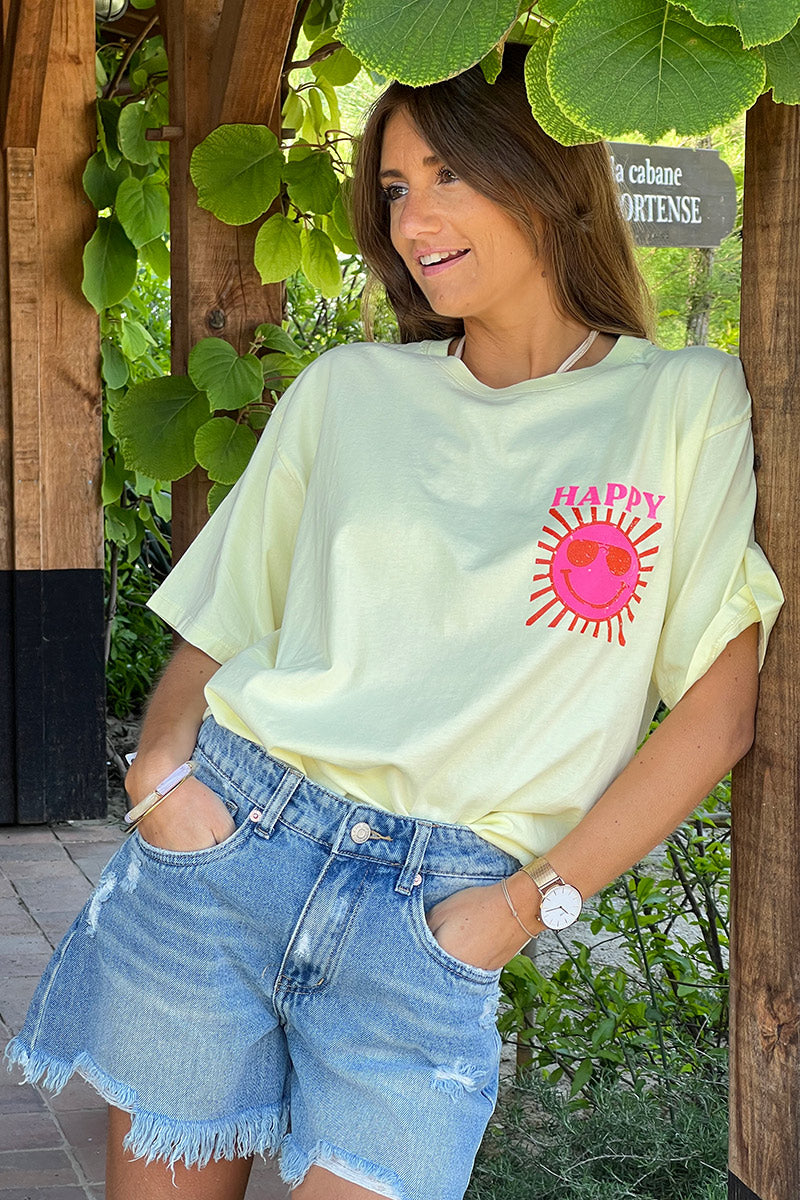T-shirt jaune pâle en coton imprimé Smiley Soleil Happy au dos