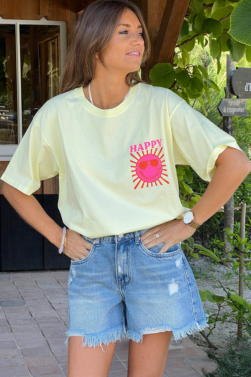 T-shirt jaune pâle en coton imprimé Smiley Soleil Happy au dos