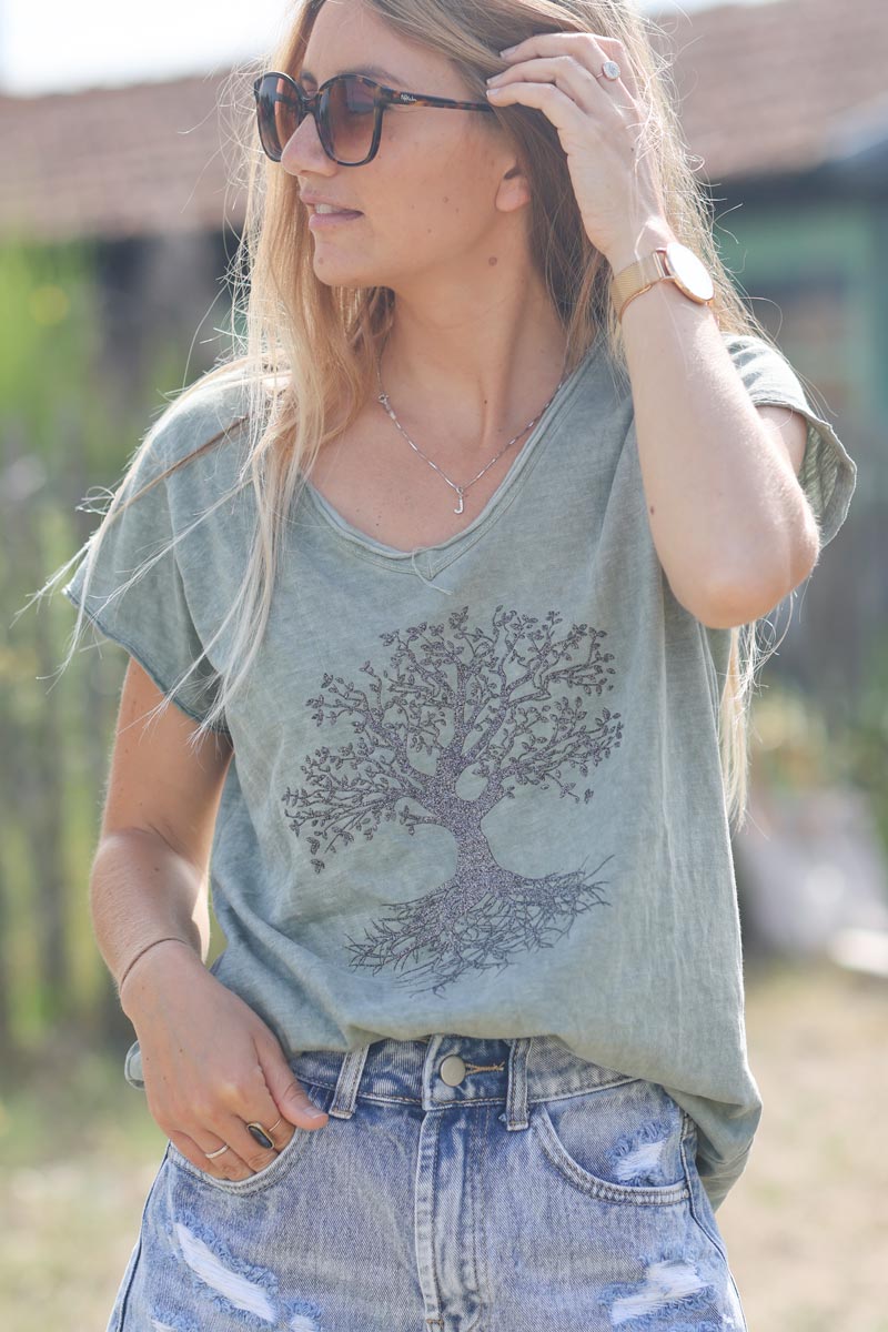 Tshirt kaki coton col v arbre de vie brillant
