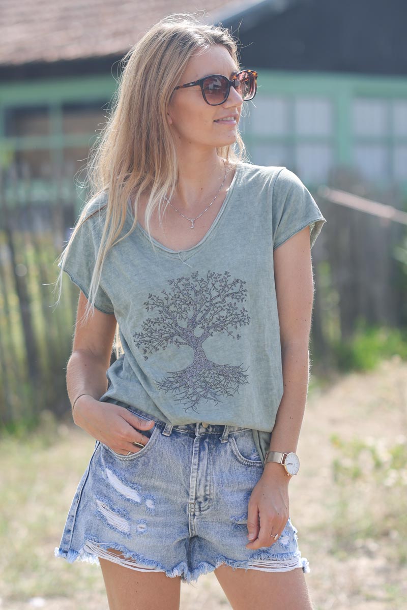 Tshirt kaki coton col v arbre de vie brillant