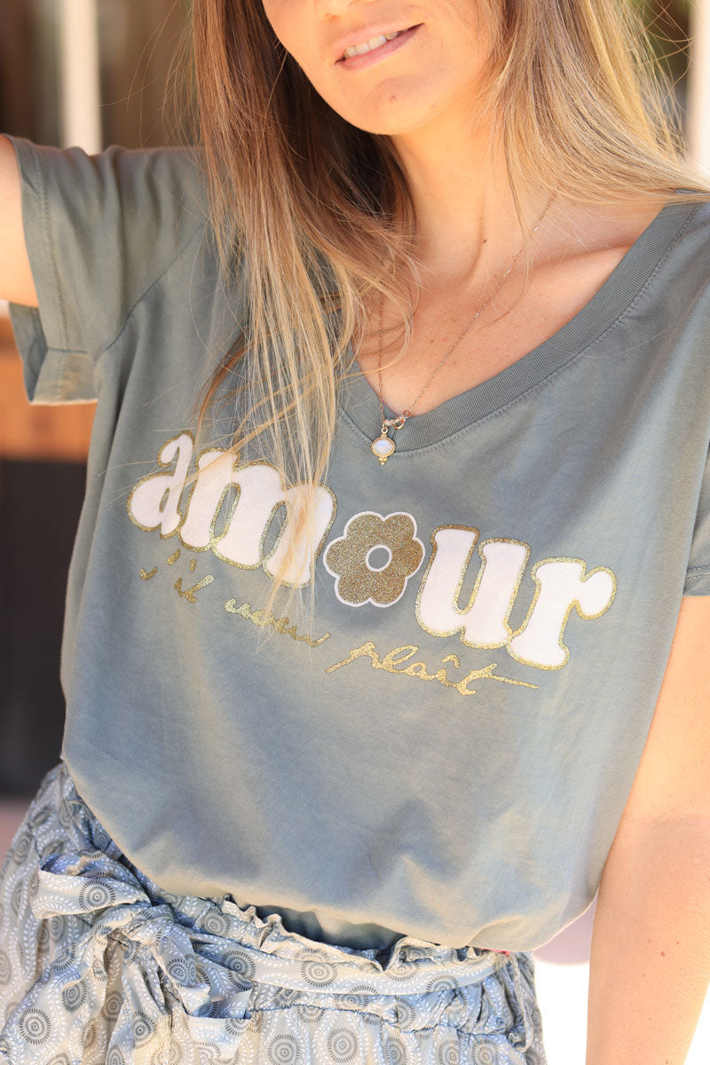 T-shirt kaki en coton col v amour please doré