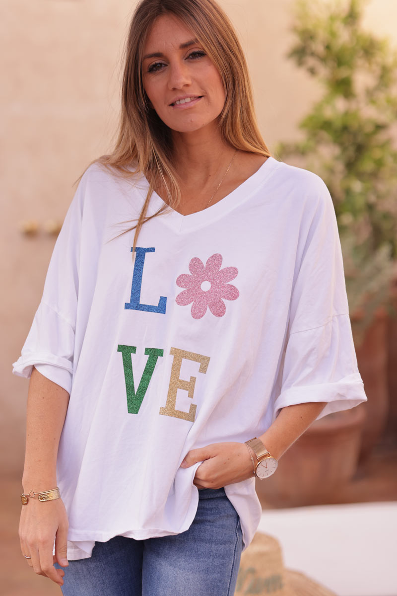 Tshirt large blanc en coton manches looses LOVE brillant fleurs