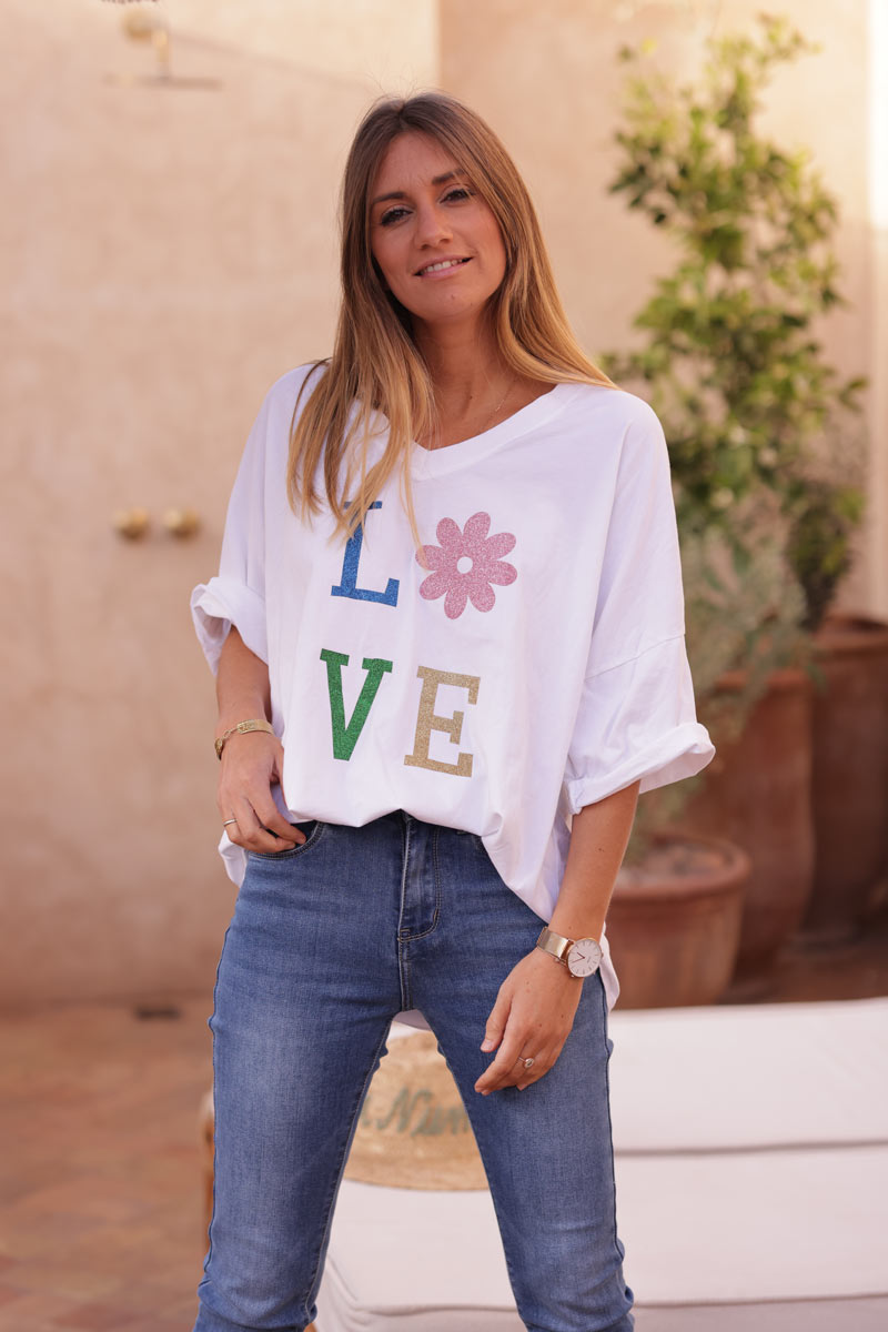 Tshirt large blanc en coton manches looses LOVE brillant fleurs