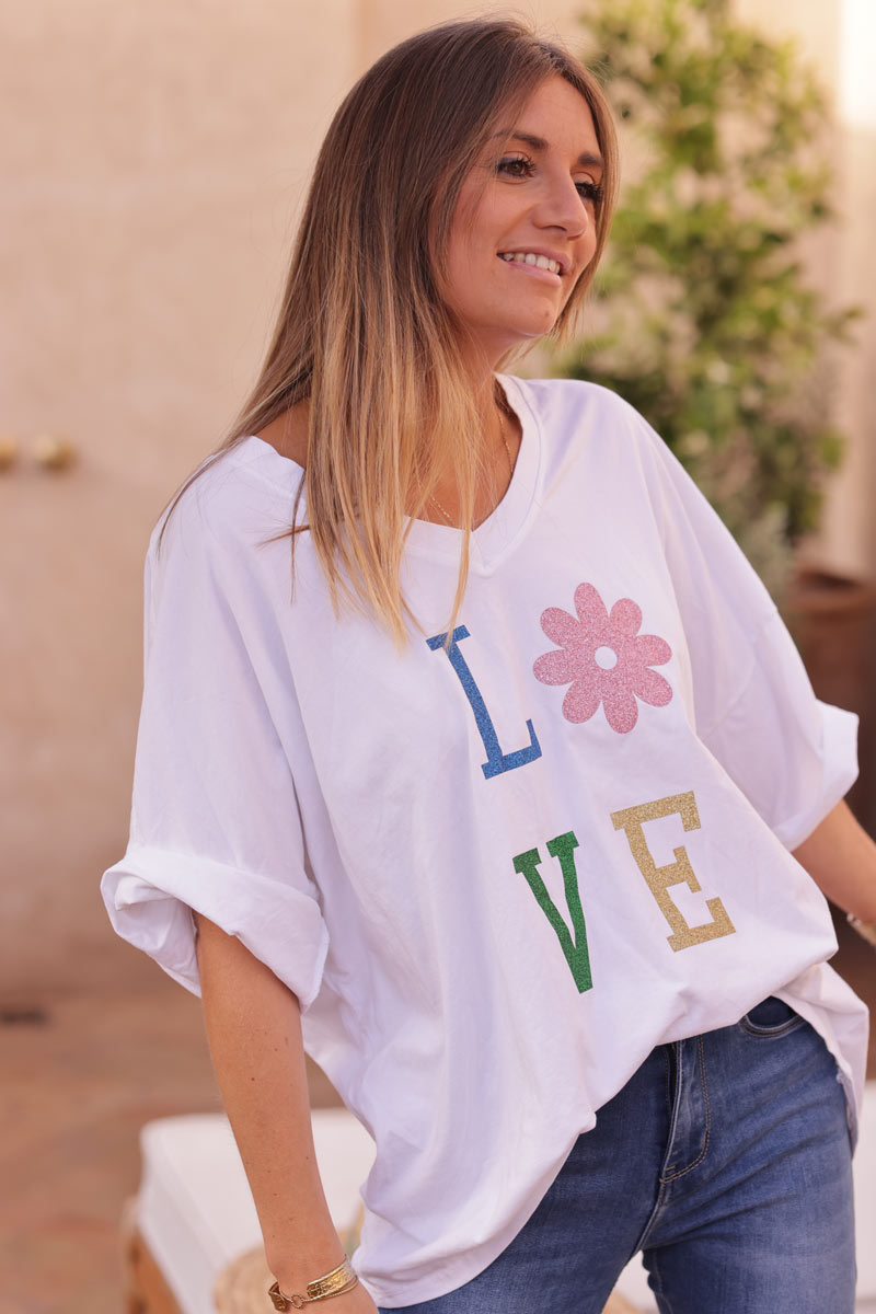 Tshirt large blanc en coton manches looses LOVE brillant fleurs