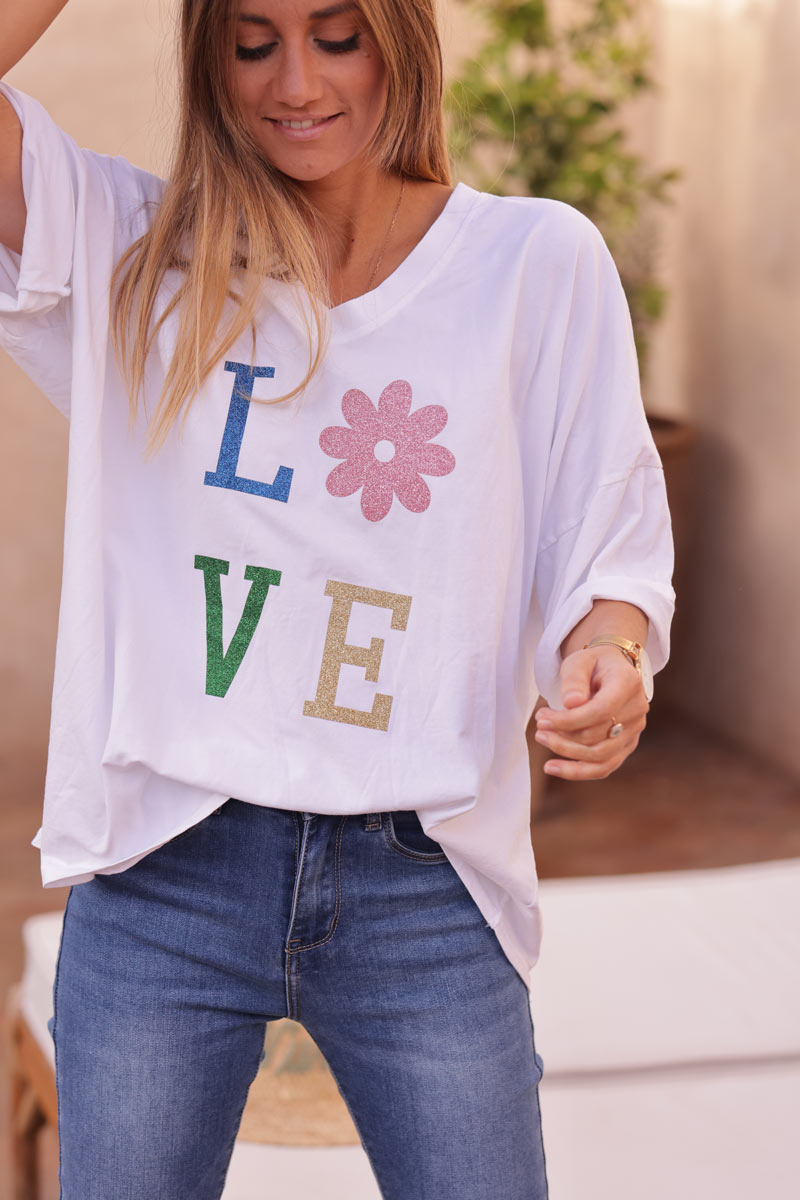 Tshirt large blanc en coton manches looses LOVE brillant fleurs