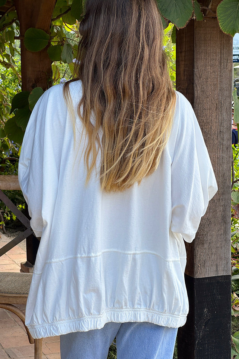 Tshirt large et loose blanc en coton détail couture élastique manches et bas