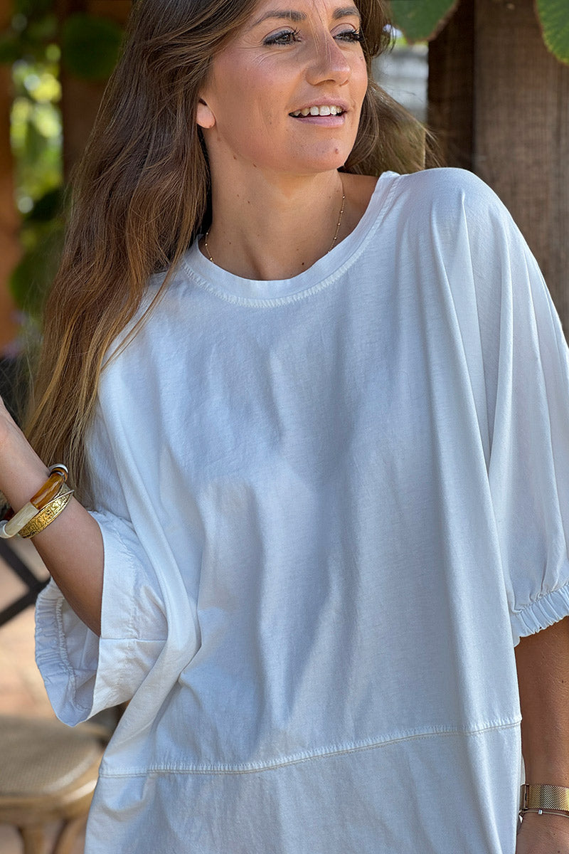 Tshirt large et loose blanc en coton détail couture élastique manches et bas