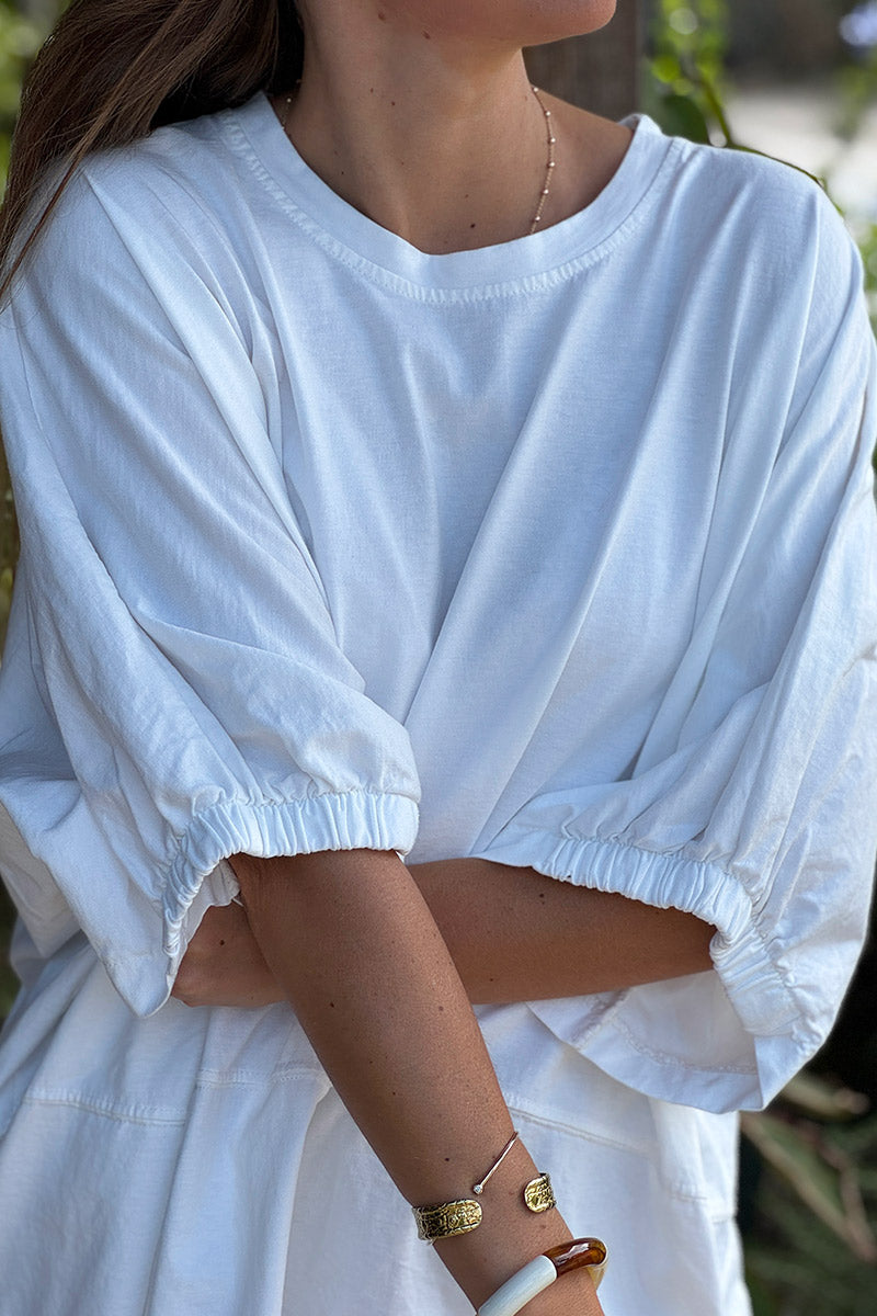 Tshirt large et loose blanc en coton détail couture élastique manches et bas