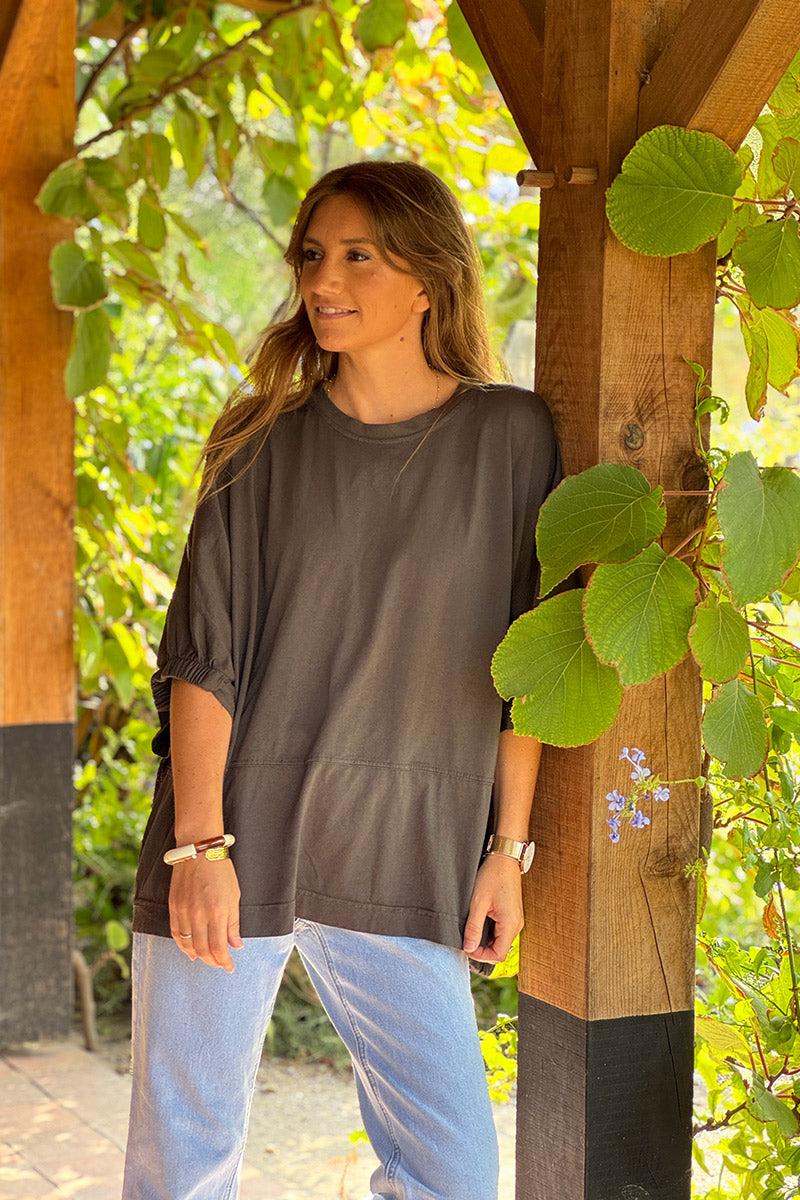 Tshirt large et loose marron en coton détail couture élastique manches et bas