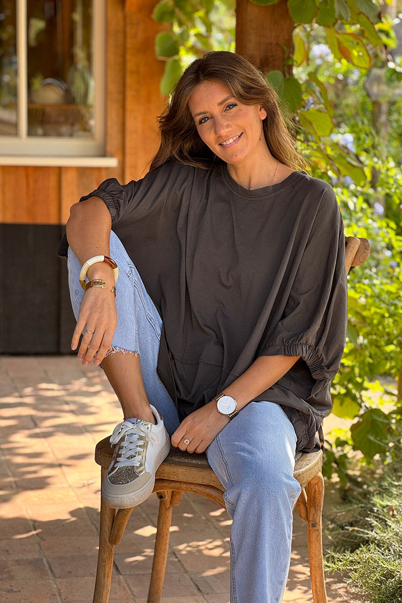 Tshirt large et loose marron en coton détail couture élastique manches et bas