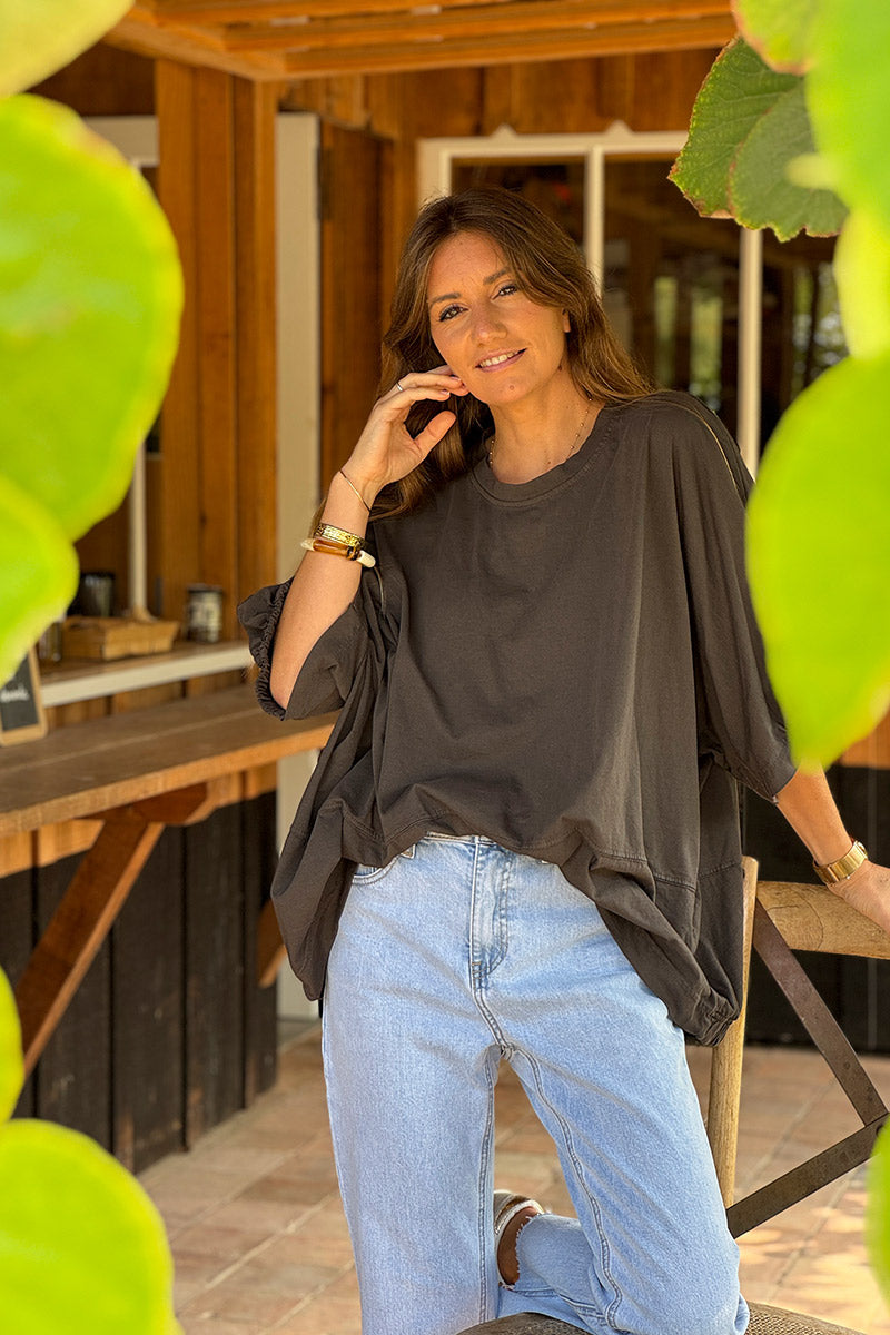 Tshirt large et loose marron en coton détail couture élastique manches et bas