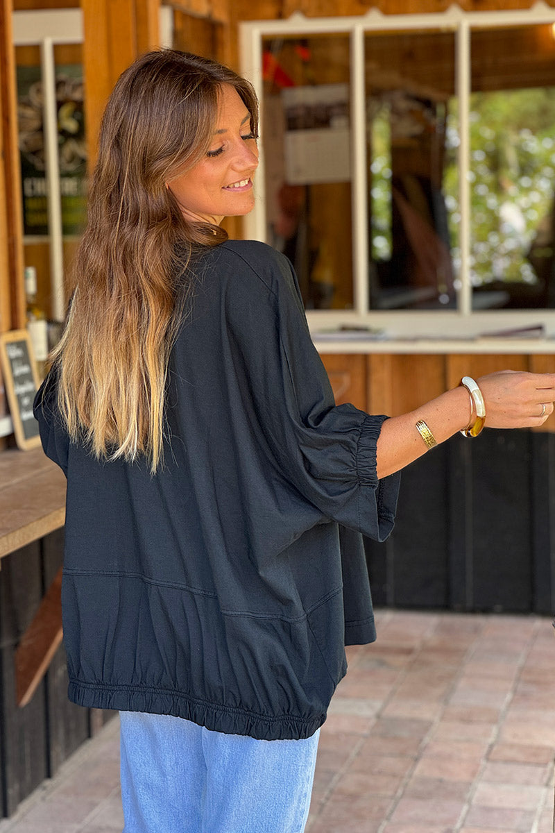 Tshirt large et loose noir en coton détail couture élastique manches et bas