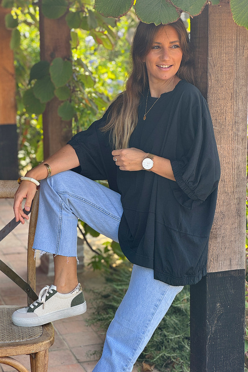 Tshirt large et loose noir en coton détail couture élastique manches et bas
