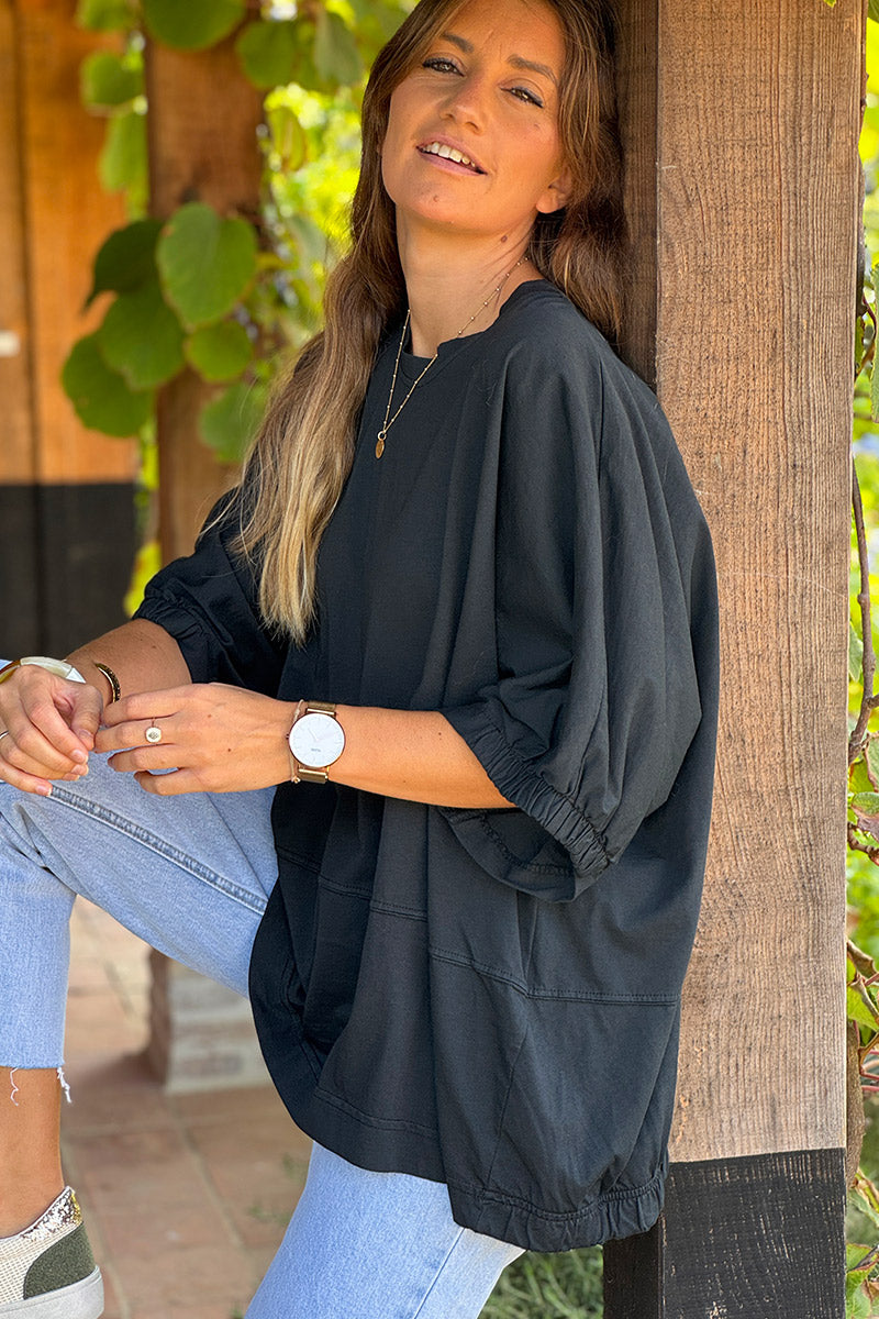 Tshirt large et loose noir en coton détail couture élastique manches et bas