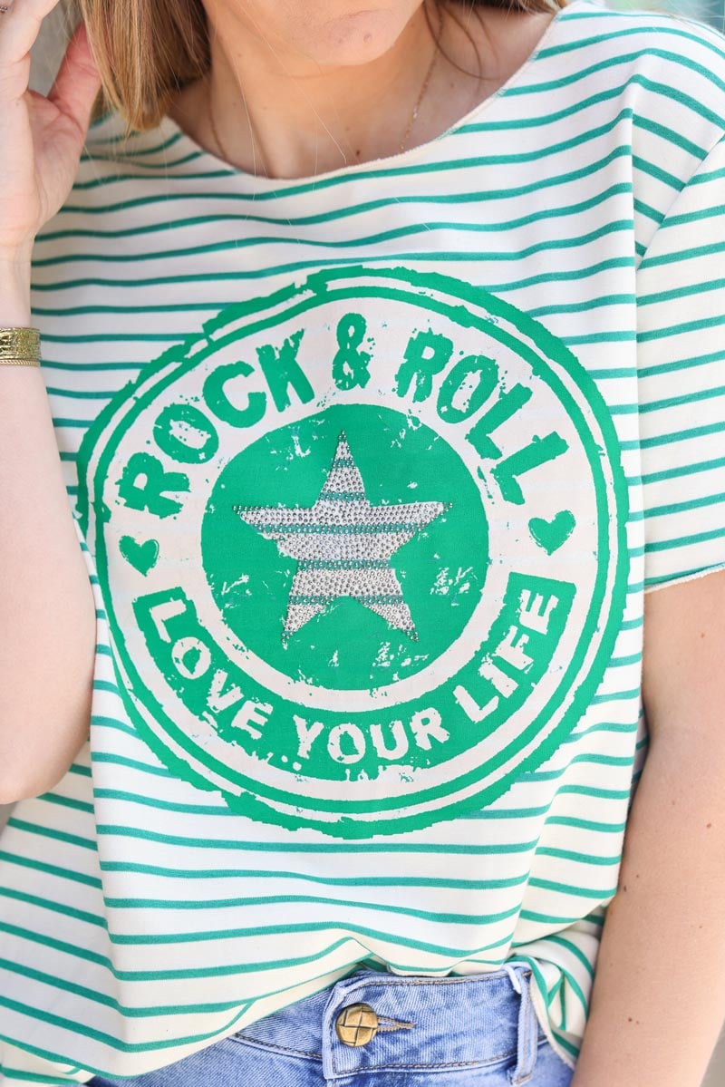 Tshirt large et stretch a rayures vertes logo Rock & Roll H116 (6)