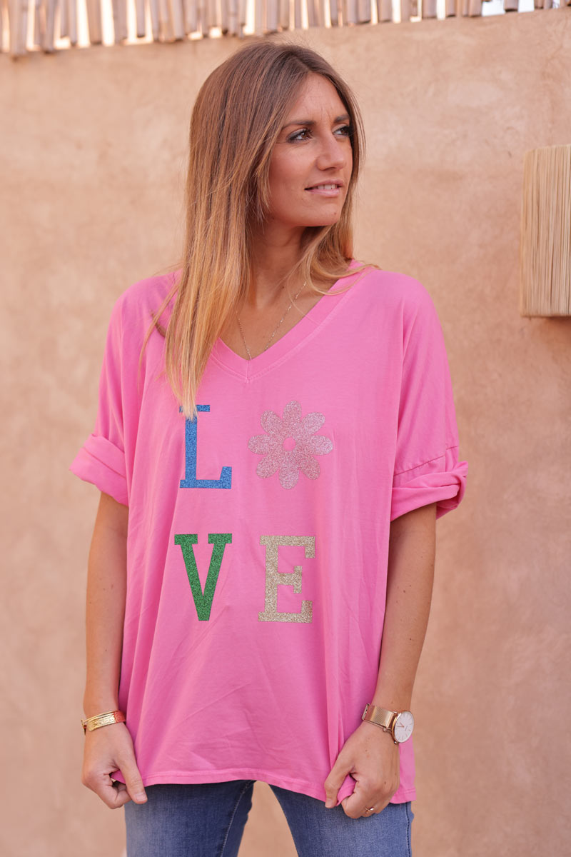 Tshirt large fuchsia en coton manches looses LOVE brillant fleurs