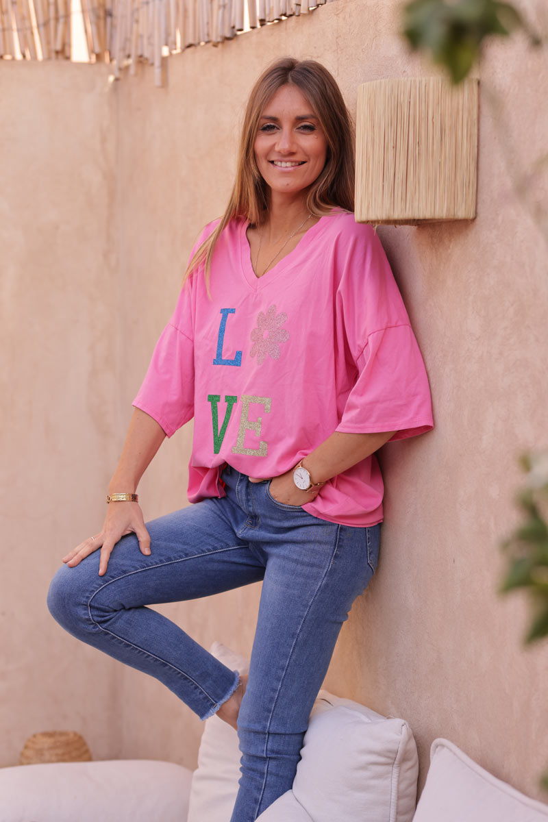 Tshirt large fuchsia en coton manches looses LOVE brillant fleurs