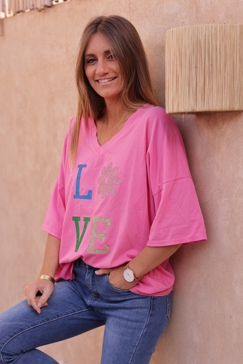 Tshirt large fuchsia en coton manches looses LOVE brillant fleurs