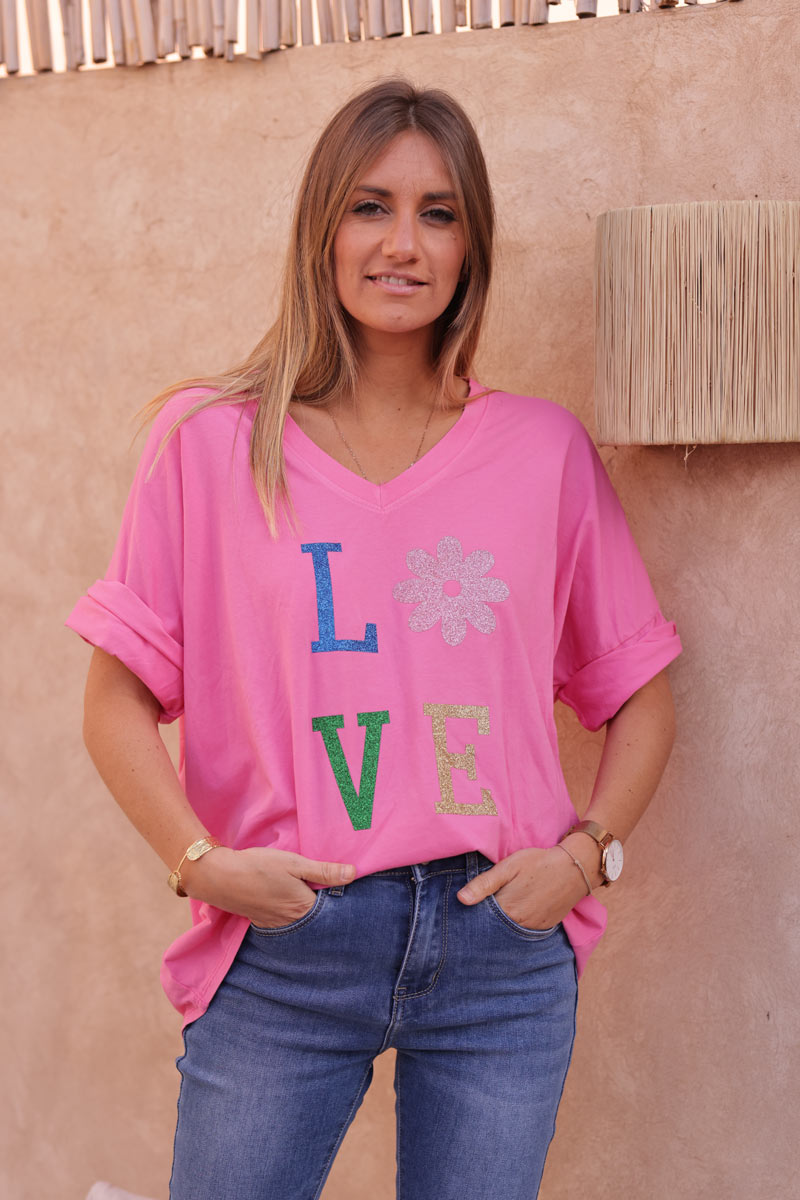 Tshirt large fuchsia en coton manches looses LOVE brillant fleurs