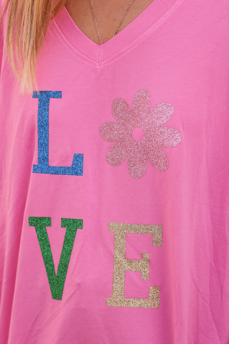 Tshirt large fuchsia en coton manches looses LOVE brillant fleurs