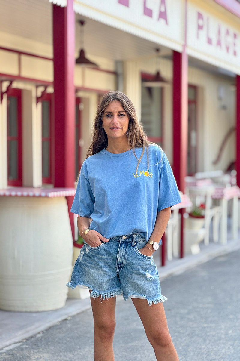 Tshirt loose bleu jean délavé col rond manches courtes inscription lemon devant et gros citron dos
