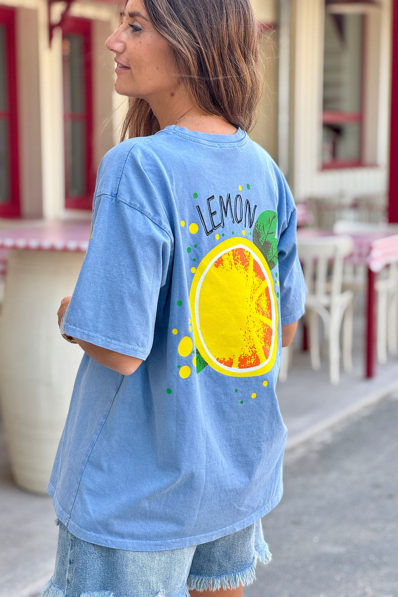 Tshirt loose bleu jean délavé col rond manches courtes inscription lemon devant et gros citron dos