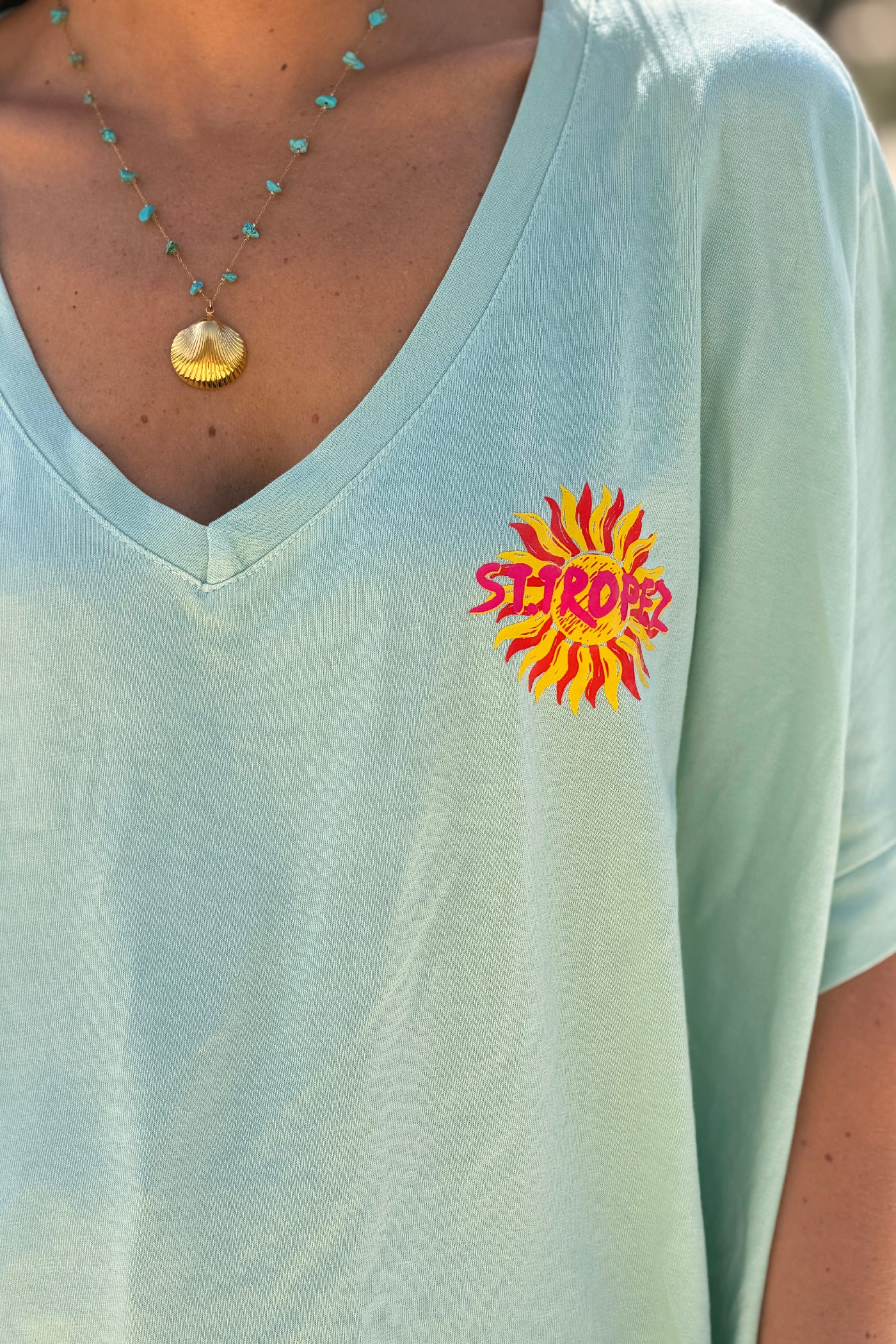 Tshirt loose oversize et stretch vert d'eau fonce motif Soleil St tropez