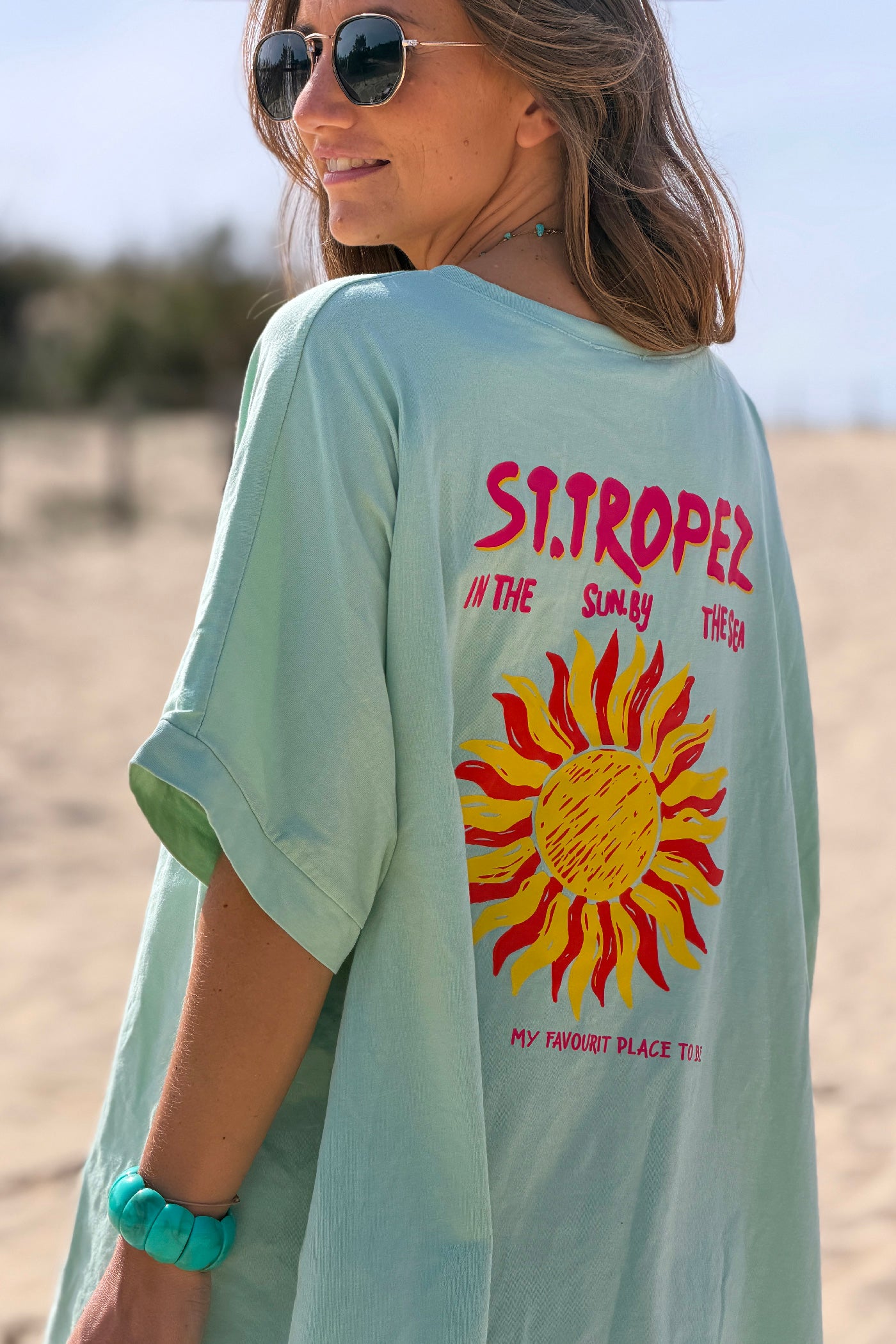 Tshirt loose oversize et stretch vert d'eau fonce motif Soleil St tropez