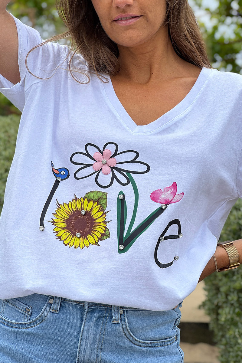 T-shirt manches courtes blanc col V logo love et fleurs en transfert avec strass