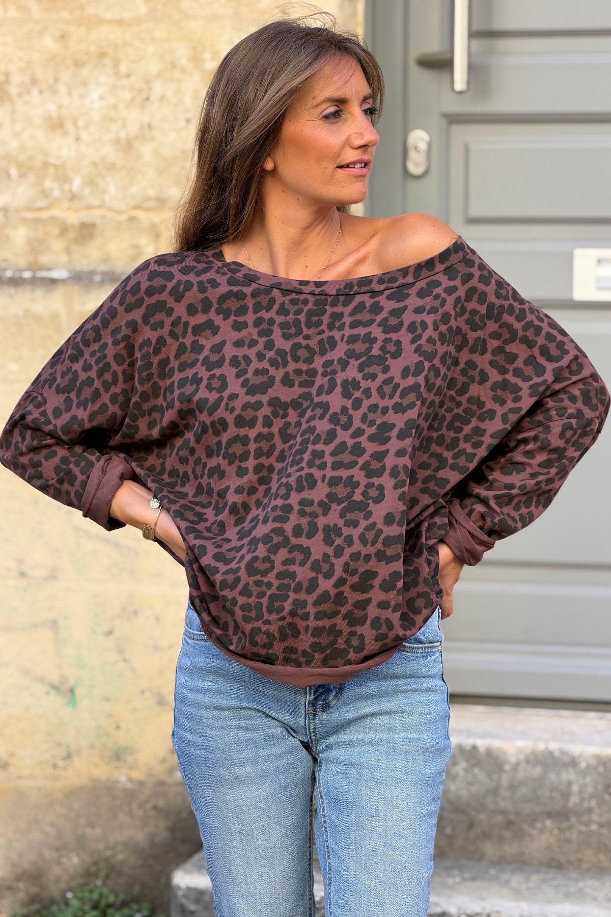 Tshirt marron délavé à manches longues en coton imprimé léopard